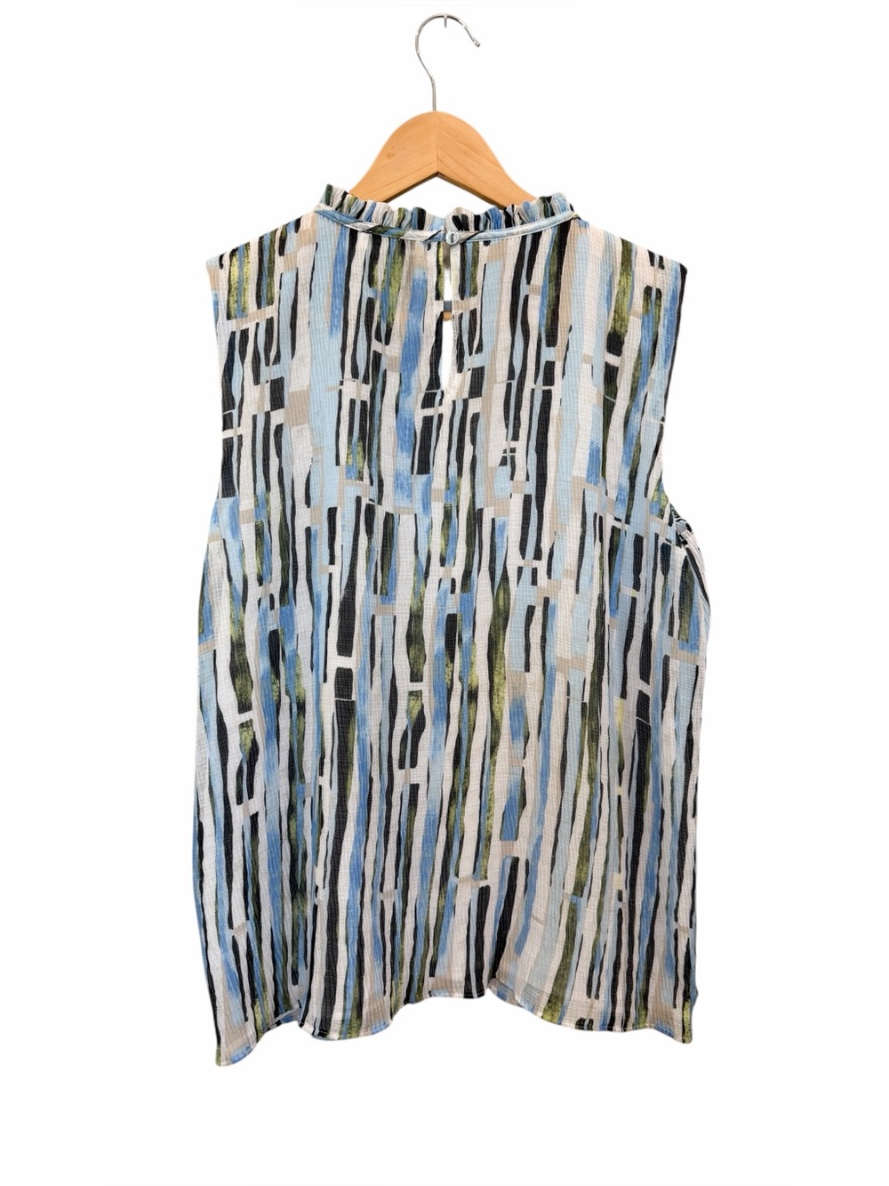 Calvin Klein Abstract Stripe Ruffle Neck Sleeveless Blouse Top Blue Green M NWT - Picture 3 of 15
